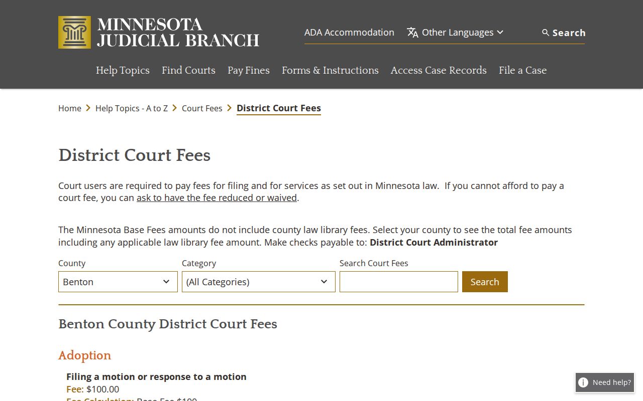 Benton County case search and district court fee information