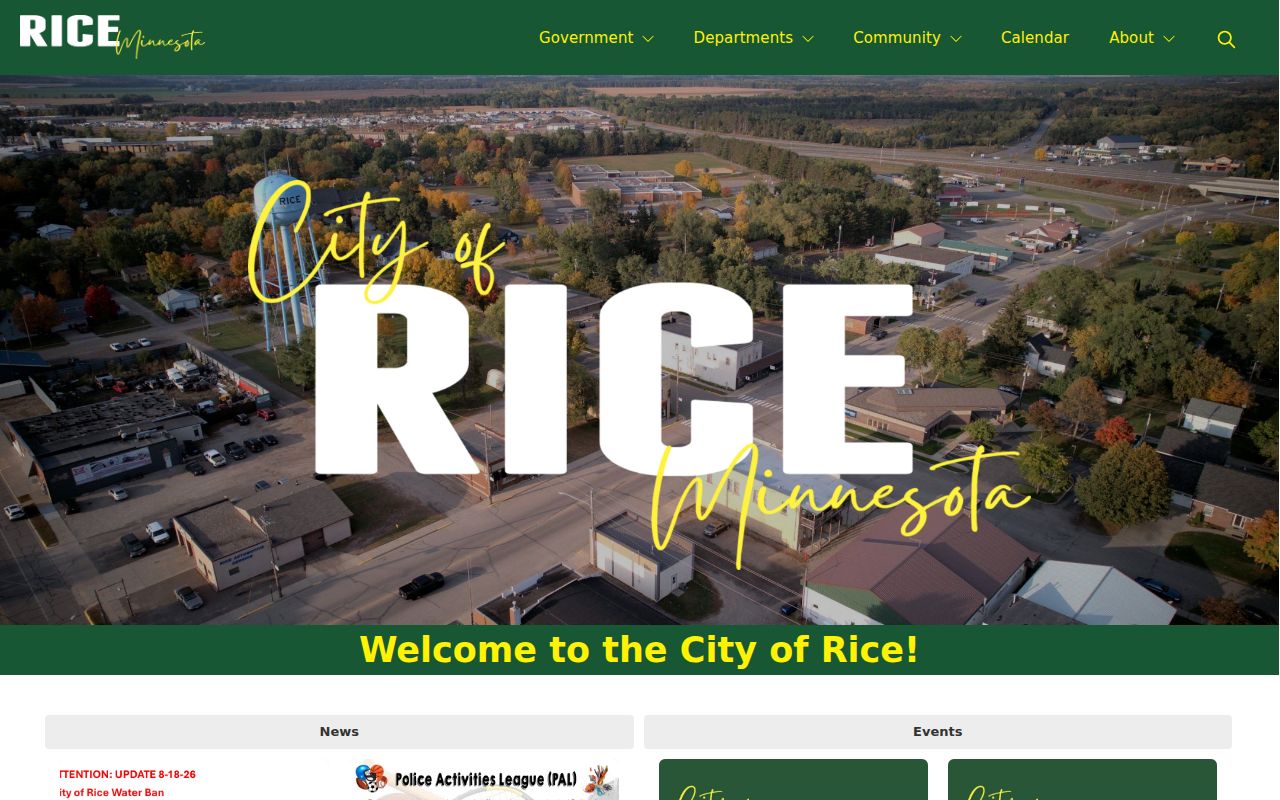 Rice court docket research image of Rice City Hall and city-government source